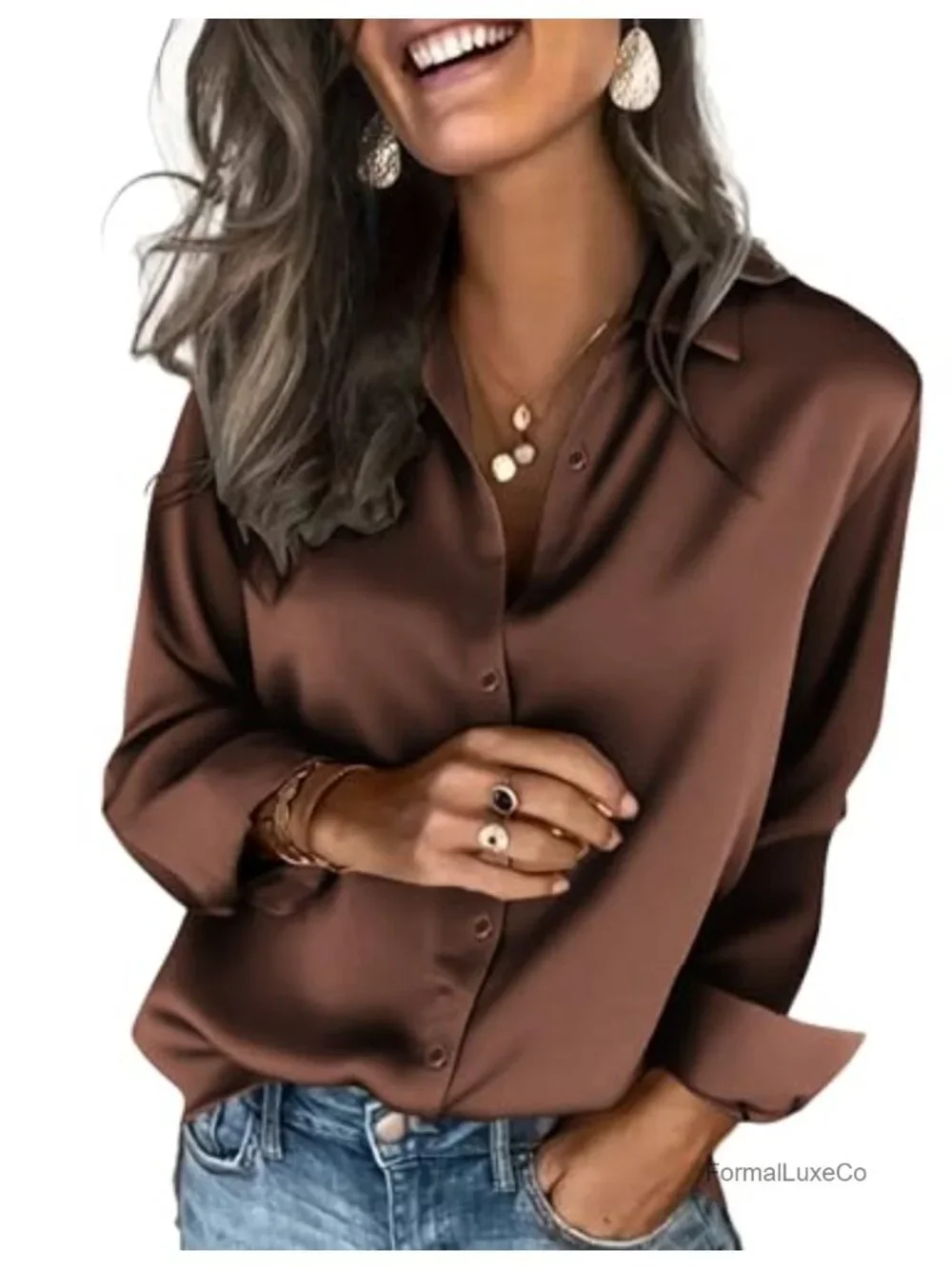 Satin Button Down Shirt Long Sleeve Blouse Women Casual Office Top